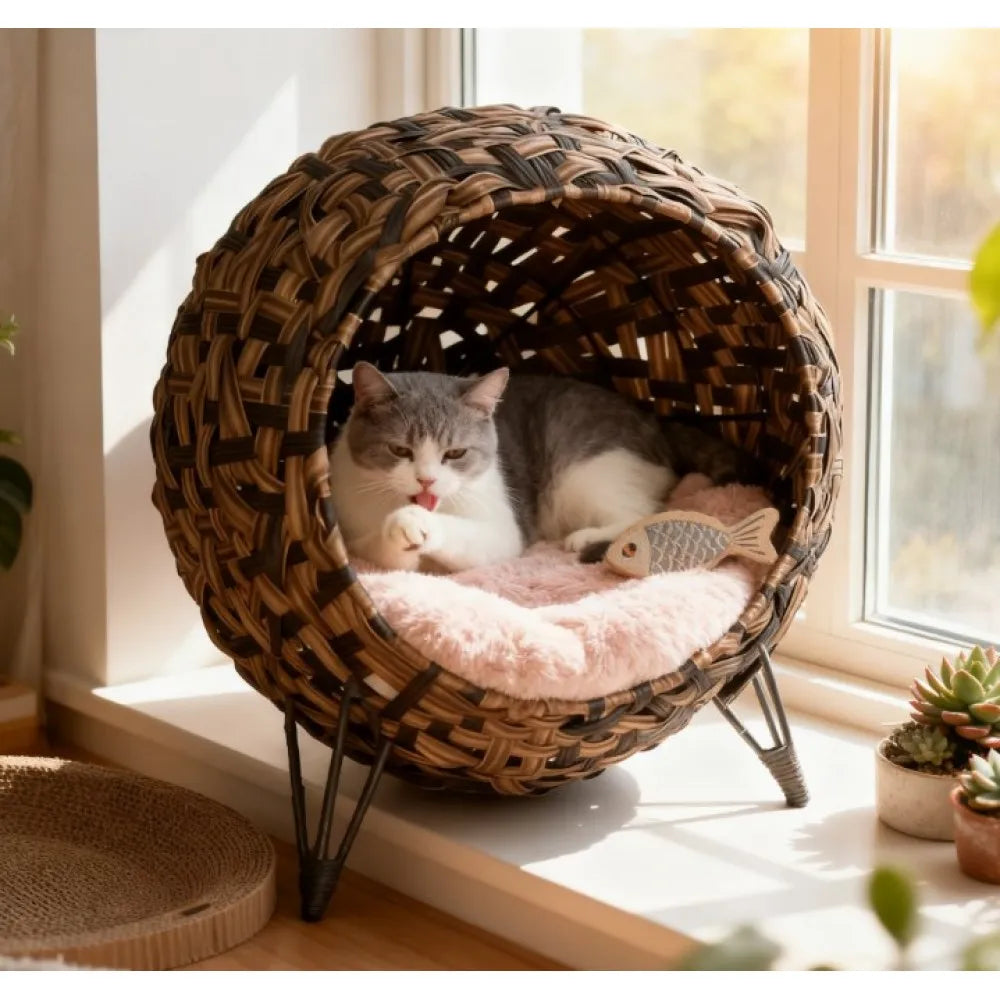 Ye Elevated Hand-woven Braided Banana Leaf Kitten House Condo with Cushion, Weaved Cat Bed