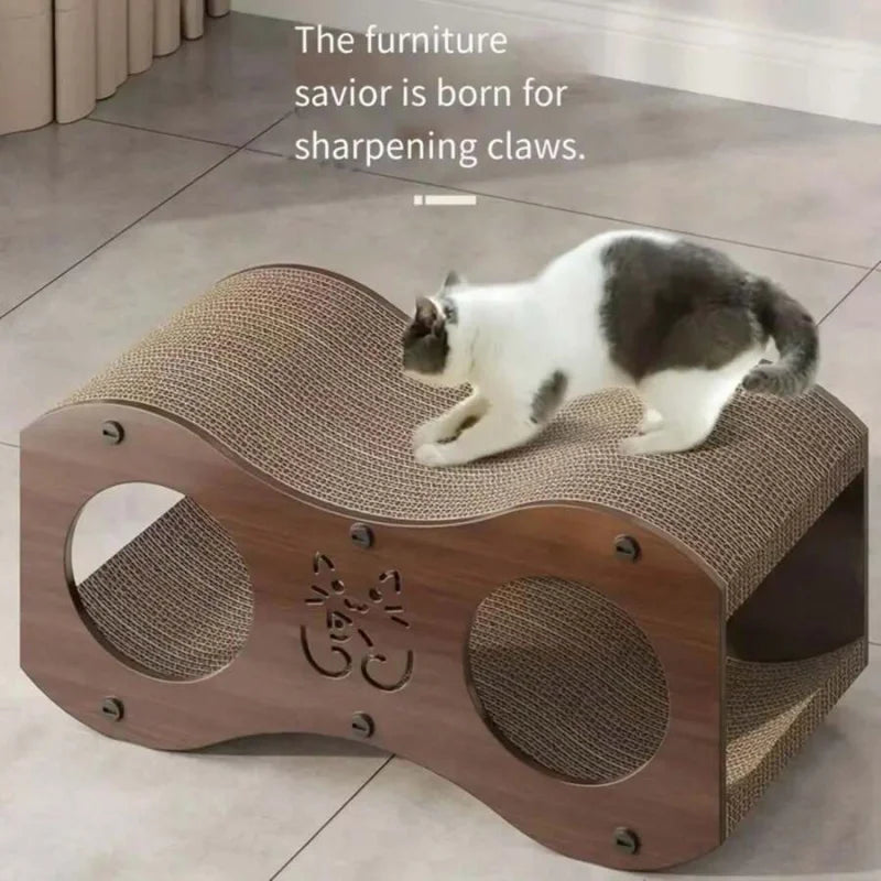 Sturdy Walnut Cat Scratching Post With Integrated Cat Bed - 4-Season Woven Scratch Pad.