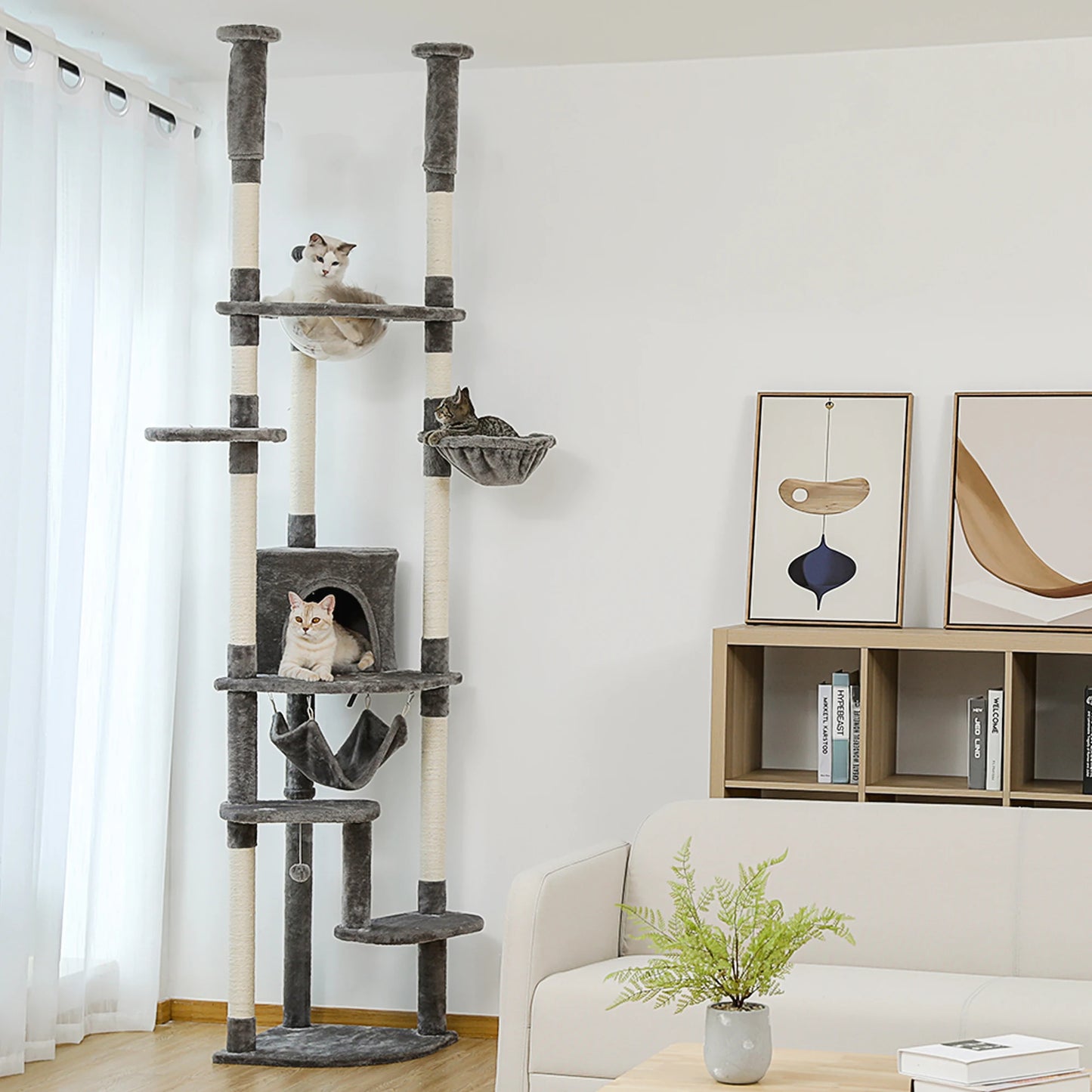 Tall Floor-to-Ceiling Cat Tree with Scratching Posts & Hammock