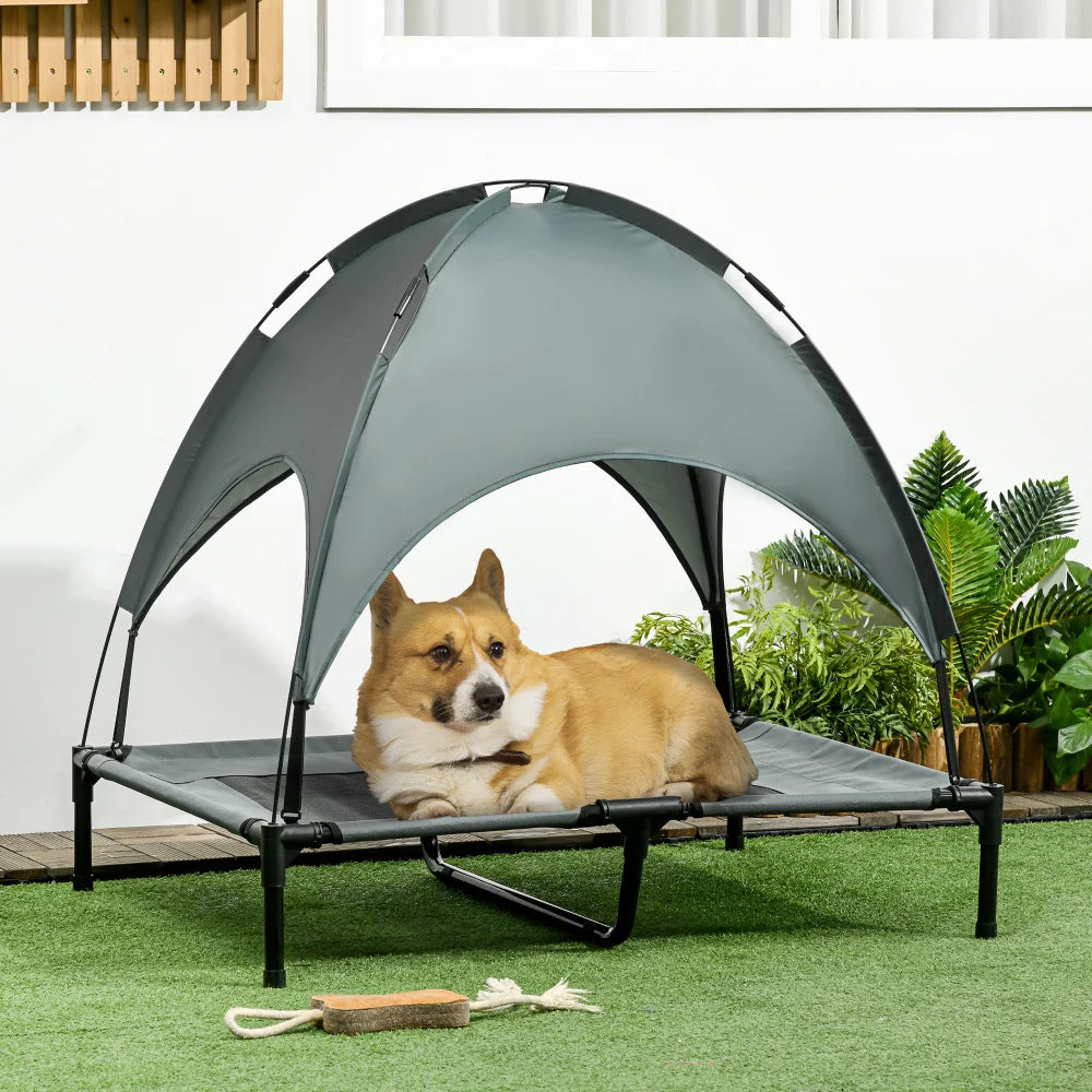 PawHut 36-inch Gray Elevated Portable Dog Cot Pet Bed with UV Protection Canopy Shade