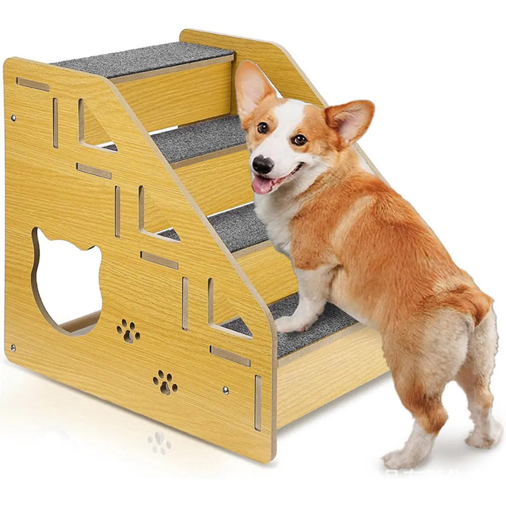 4-Step Wooden Pet Stairs Nonslip Carpeted Cat and Dog Steps Wooden Pet Ladder Pet Furniture for Dogs and Cats for Bed