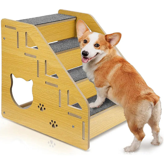 4-Step Wooden Pet Stairs Nonslip Carpeted Cat and Dog Steps Wooden Pet Ladder Pet Furniture for Dogs and Cats for Bed