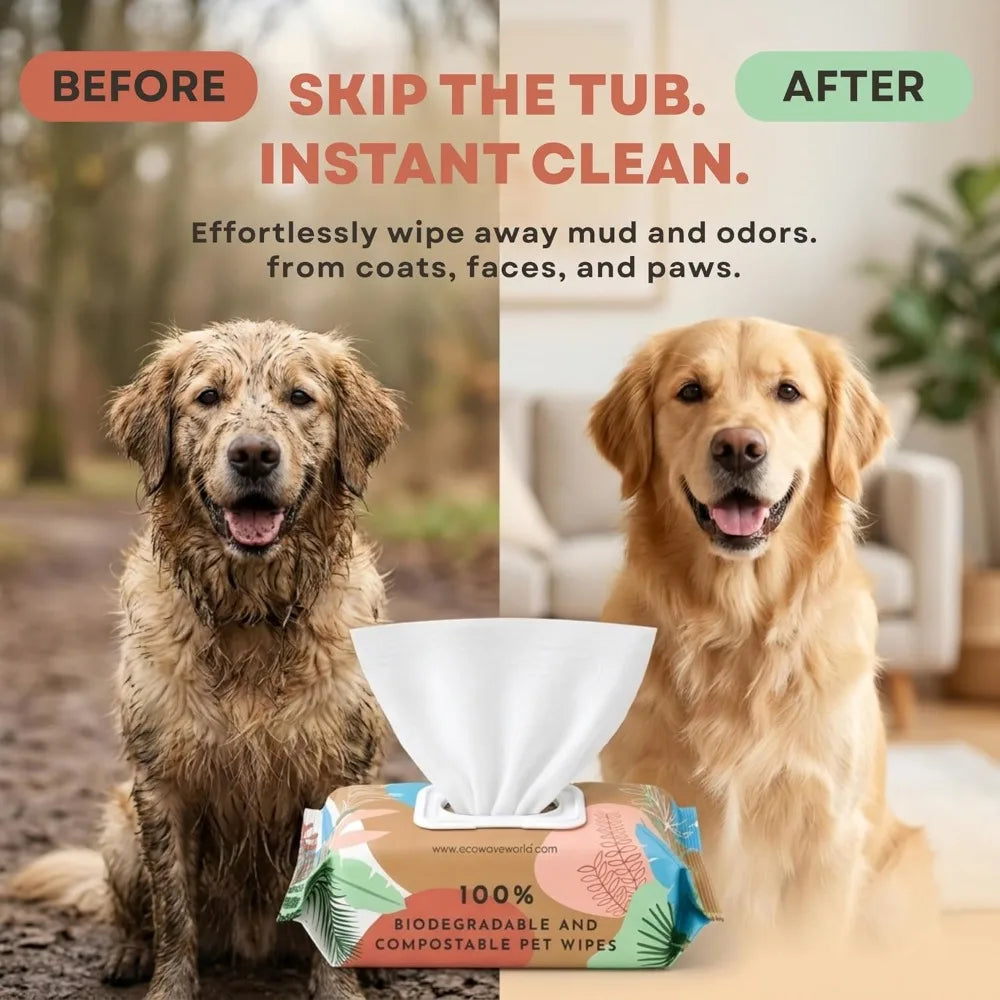 Plant-Based Pet Wipes, Hypoallergenic Dog & Cat Grooming Wipes for Face, Paws, Body, Unscented, Compostable, 100 Count