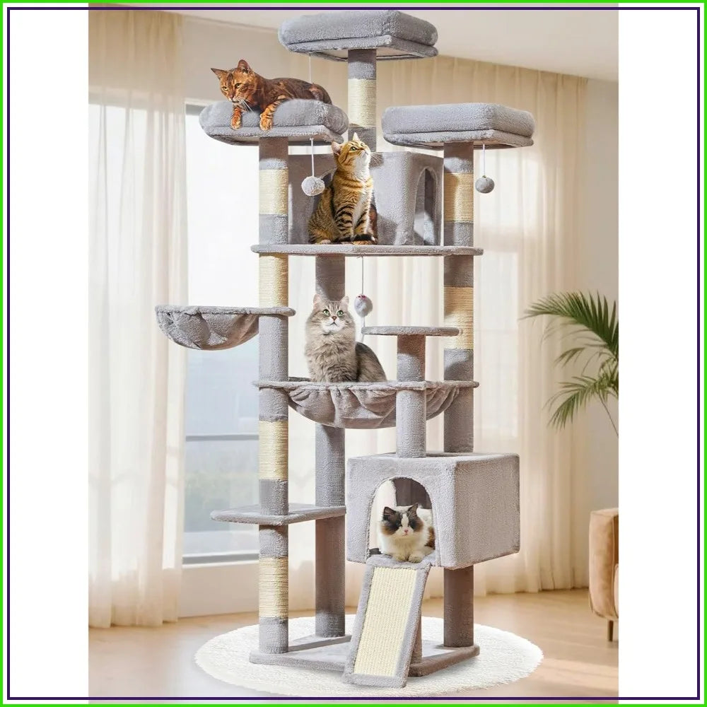 76-Inch XXL Cat Tree for Large Cats, Giant Tower with Scratching Board, Metal Hammock, 3 Perches, 7 Sisal Posts, 2 Condos, Light Gray