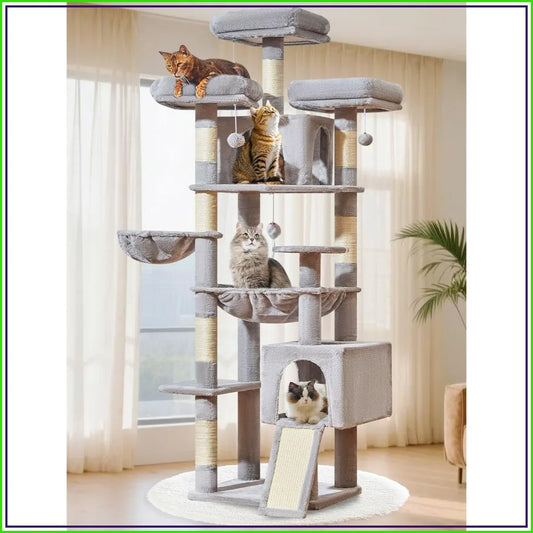 76-Inch XXL Cat Tree for Large Cats, Giant Tower with Scratching Board, Metal Hammock, 3 Perches, 7 Sisal Posts, 2 Condos, Light Gray