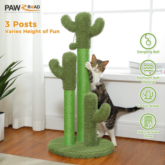 Cactus Cat Scratching Post with 3 Sisal Poles & Dangling Ball - front view