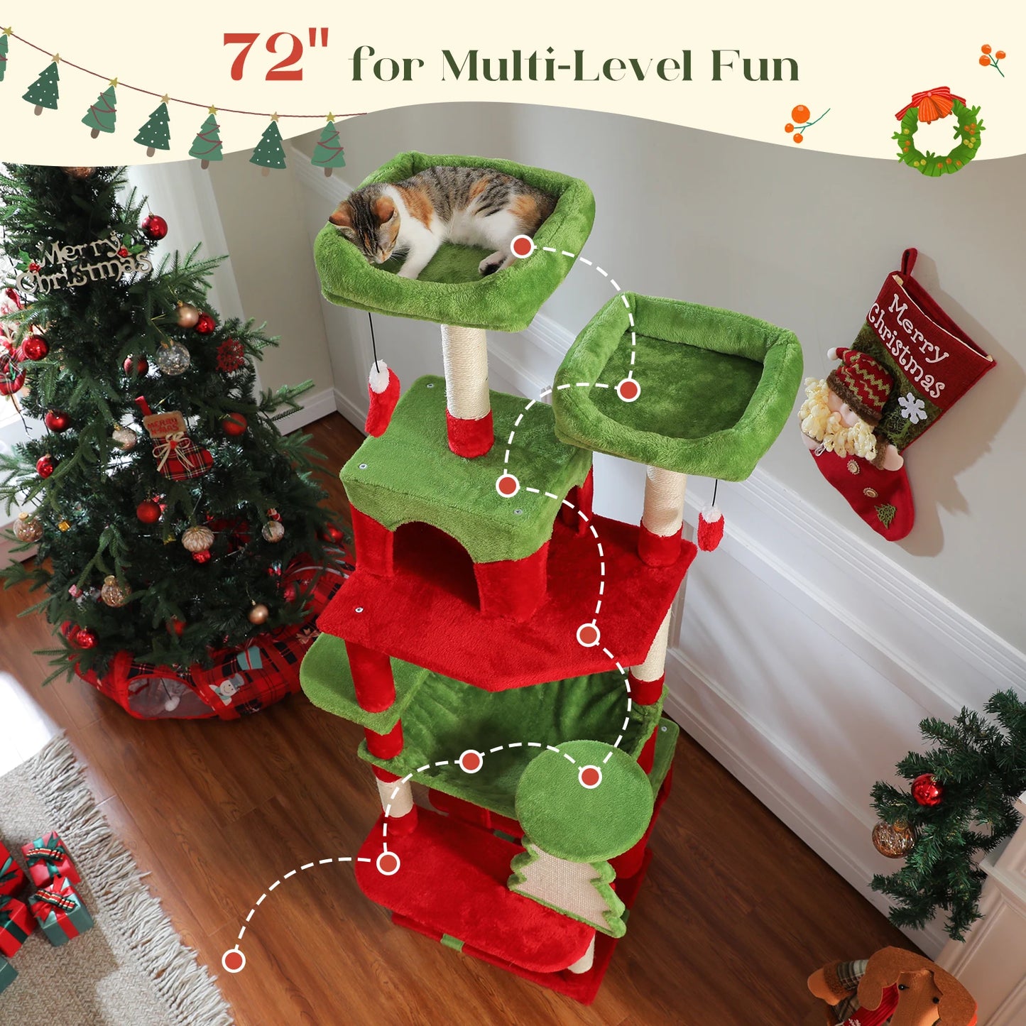 Christmas Cat Tree with Sisal Posts, Condo & Hammock