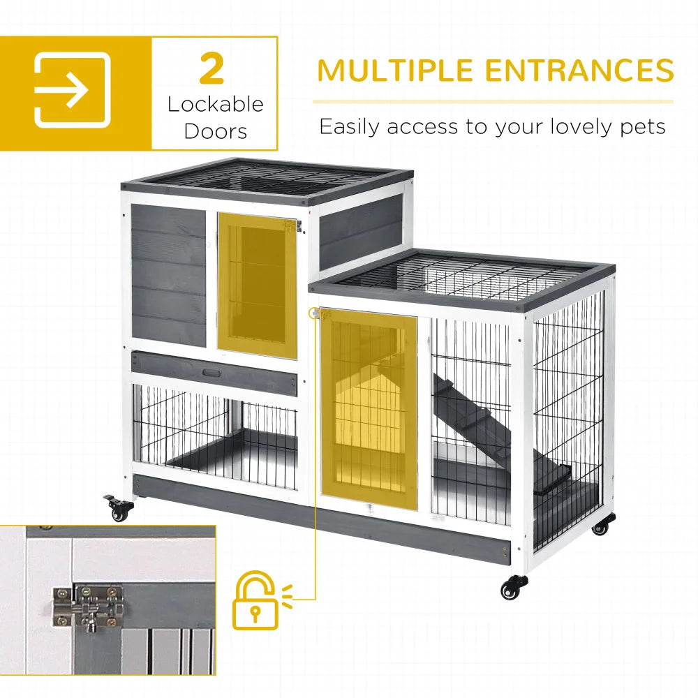 PawHut Wooden Rabbit Hutch: Elevated Indoor Small Animal Habitat with Enclosed Run, Wheels, Ramp, Removable Tray - Ideal for Guinea Pigs, Grey