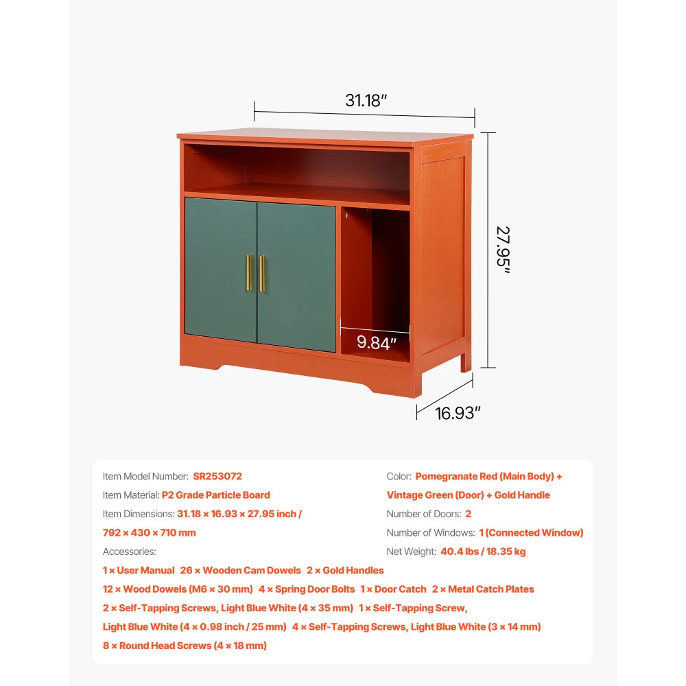 Ye Cat Litter Box Enclosure: 31 in Hidden Cabinet with Shelf & Storage, Modern Indoor Cat Washroom, Wooden Kitty House Furniture End Table, Fits Most Litterboxes, Red & Green