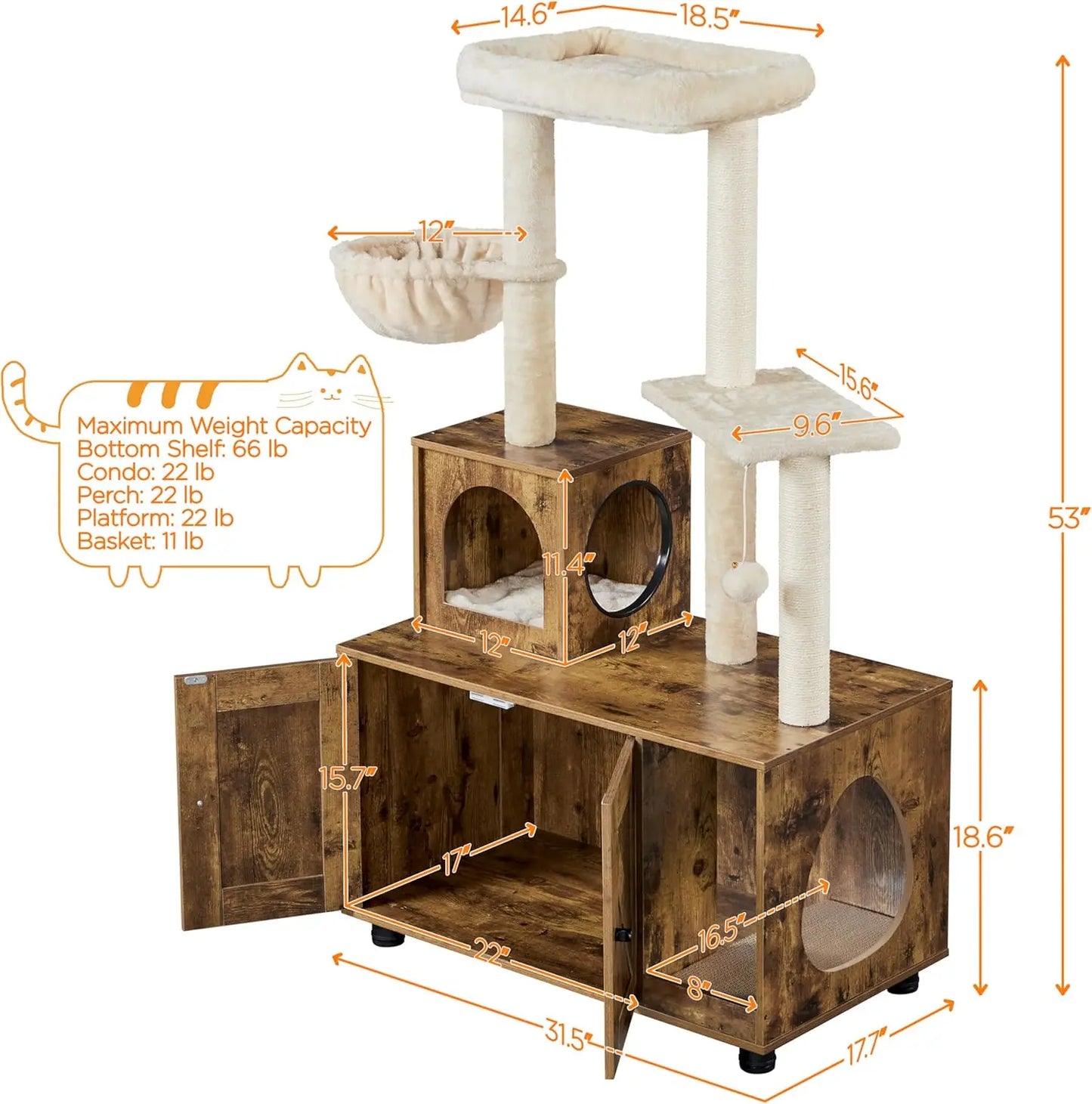 All-in-One Cat Litter Box Enclosure with Cat Tree, Scratching Posts, Wooden Furniture, Rustic Brown/Beige