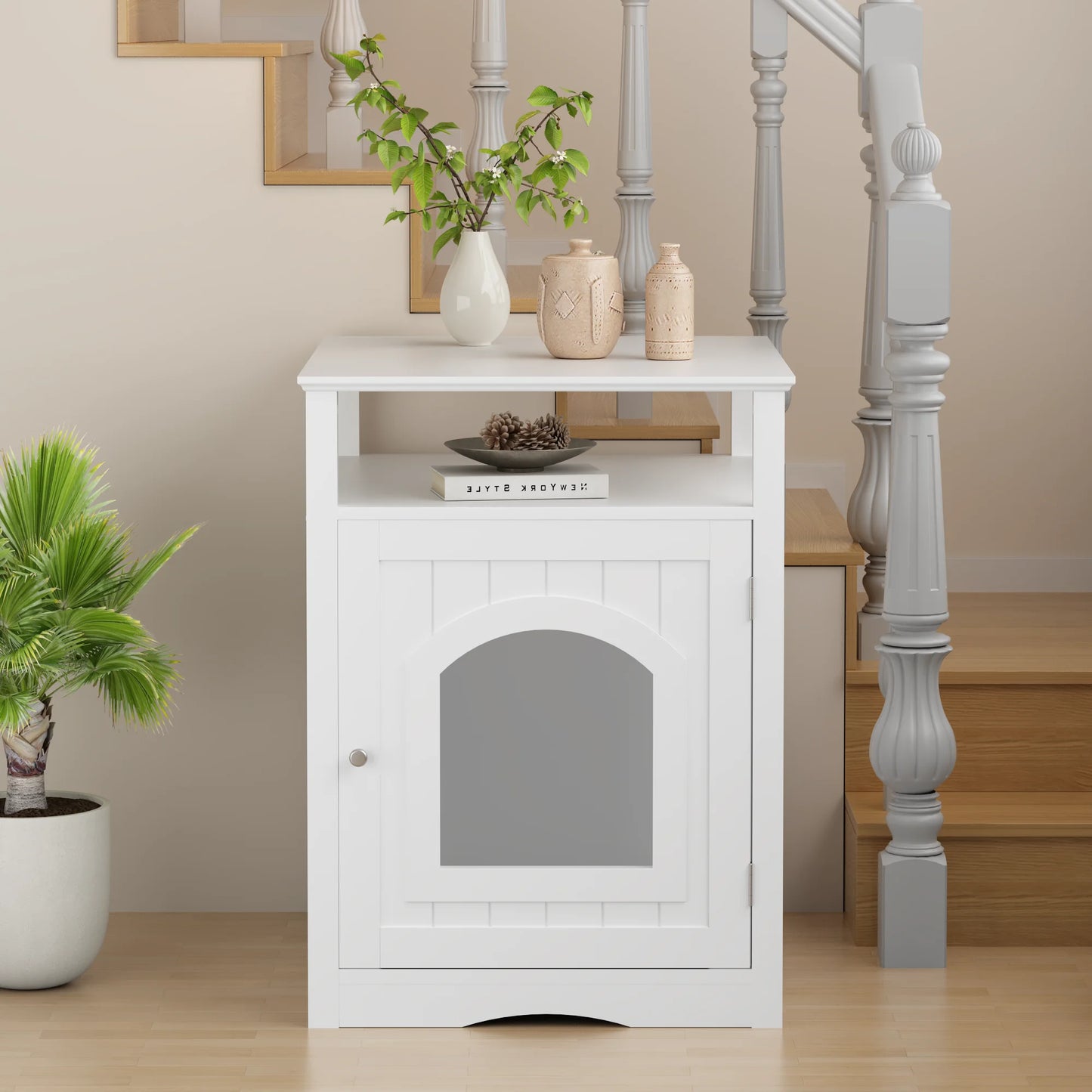 Hidden Cat Litter Box Enclosure Wooden Indoor Cat House Furniture Cabinet with Storage Shelf Modern Nightstand Side Table White