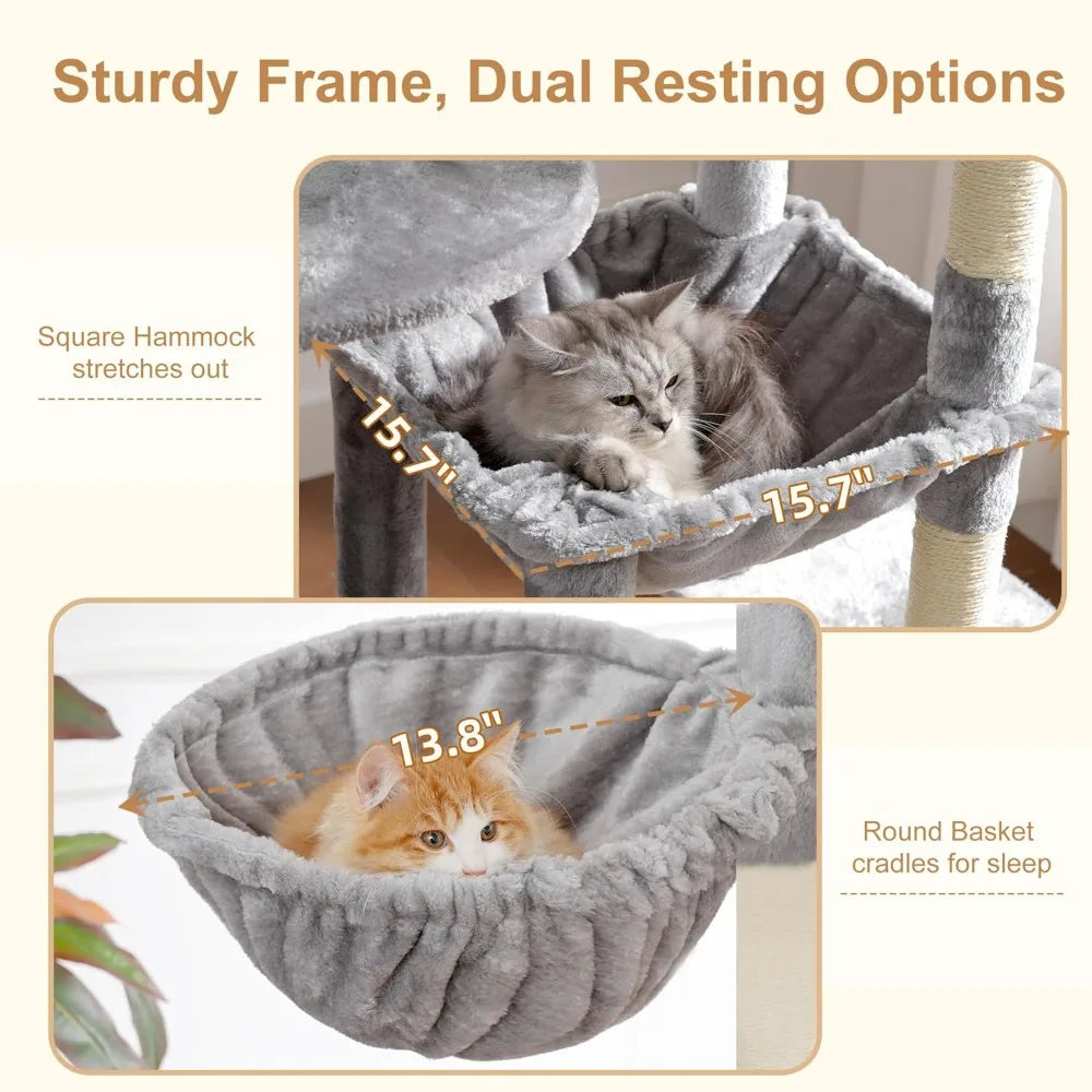 76" Cat Tree for Large Cats, Heavy Duty with Extra Wide Base, Multi-Level with 2 Condos & Hammocks, 10 Scratching Posts, Light Gray