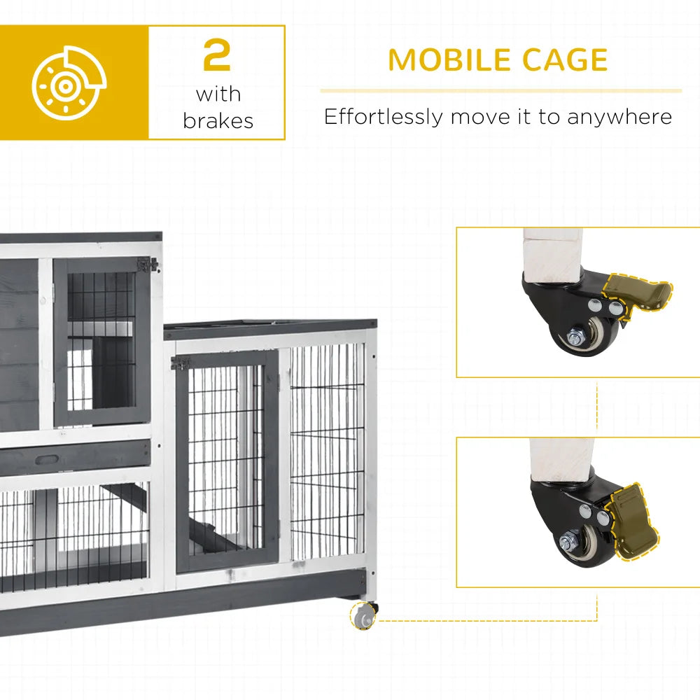 PawHut Wooden Rabbit Hutch: Elevated Indoor Small Animal Habitat with Enclosed Run, Wheels, Ramp, Removable Tray - Ideal for Guinea Pigs, Grey