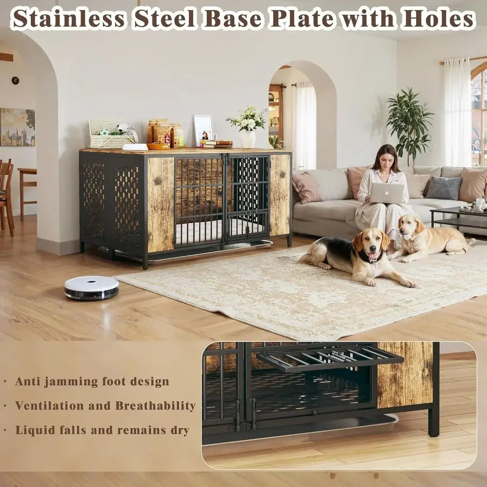 Sturdy Dog Crate for Large Breeds, Rustic Brown, Indoor Use, and Ideal for High Anxiety Dogs