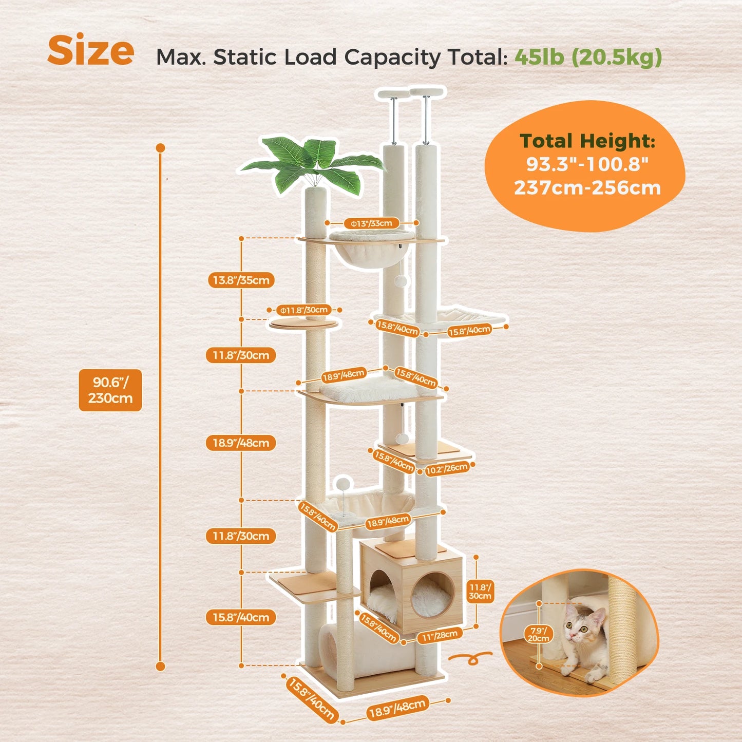 Height-Adjustable Wooden Cat Tree with Hammock & Sisal Posts