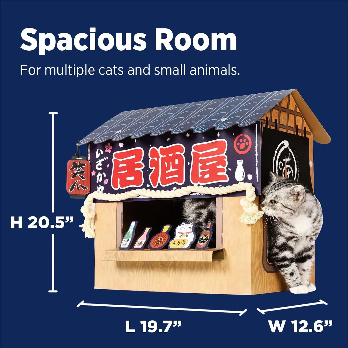 Cat Bed Cardboard House with Scratcher, Izakaya Bar Style, Large Sturdy Indoor Cat Furniture Tent, Easy Assembly Pet Toys