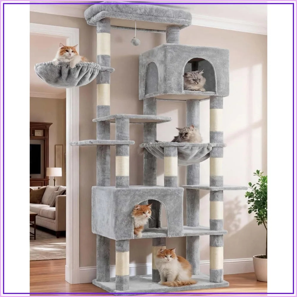 76" Cat Tree for Large Cats, Heavy Duty with Extra Wide Base, Multi-Level with 2 Condos & Hammocks, 10 Scratching Posts, Light Gray