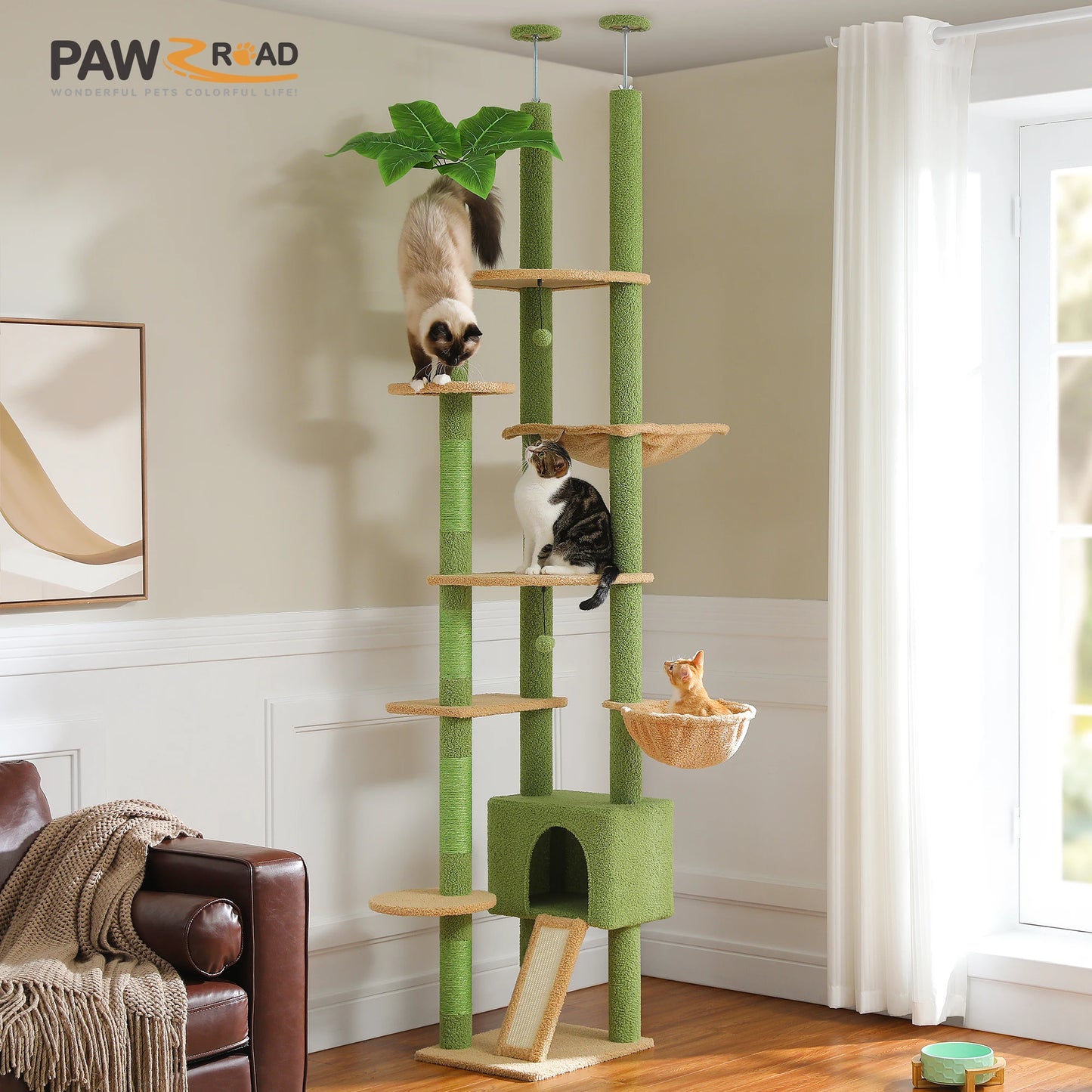 Floor-to-Ceiling Cat Tree with Hammock & Sisal Scratching Posts