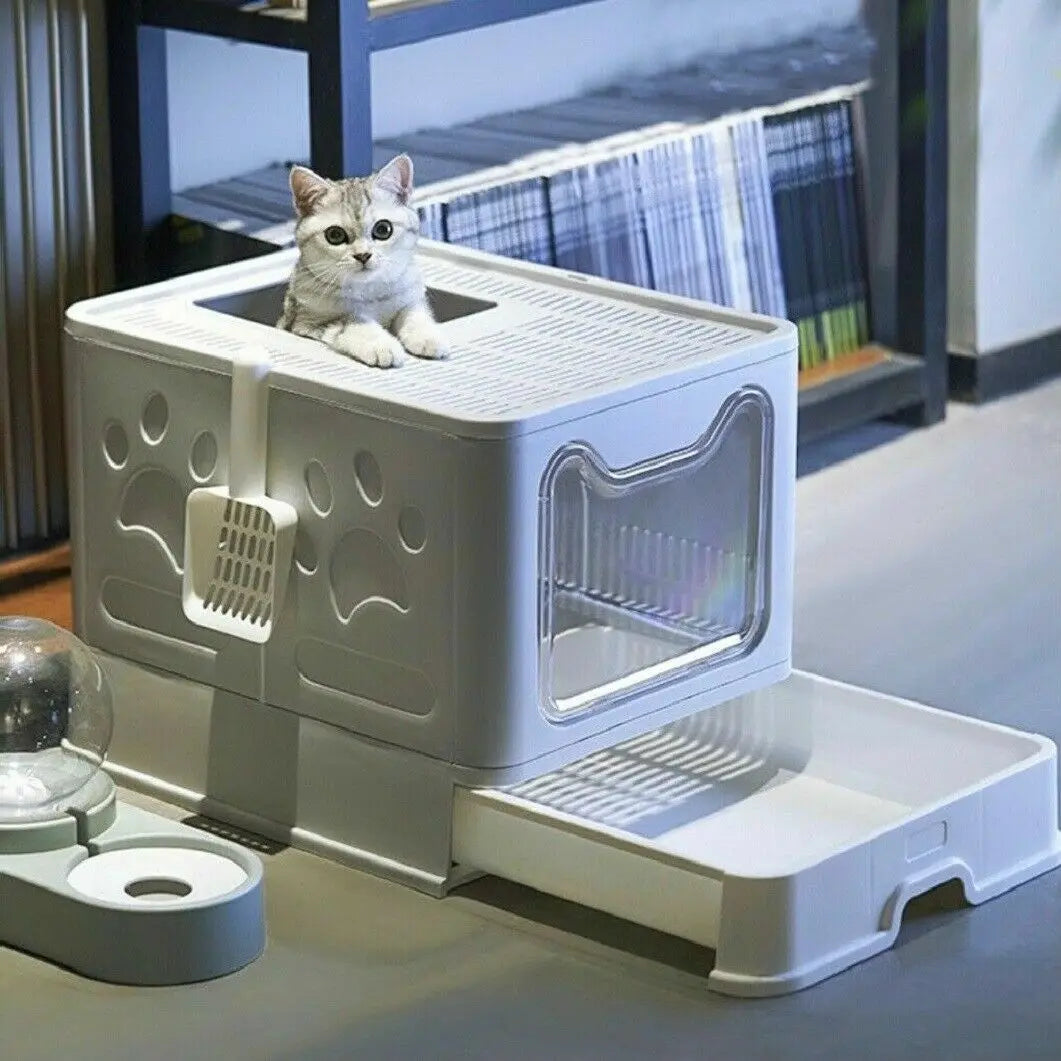 Foldable Hooded Cat Litter Box with Scoop and Drawer main product image