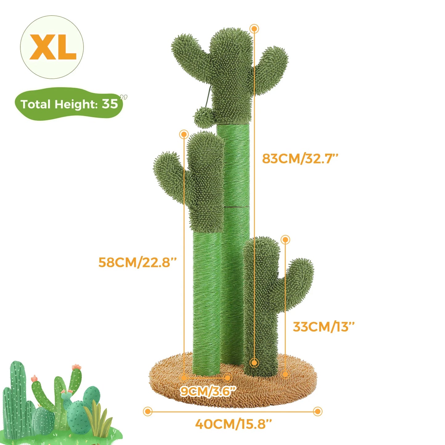 Cactus Cat Scratching Post with 3 Sisal Poles & Dangling Ball