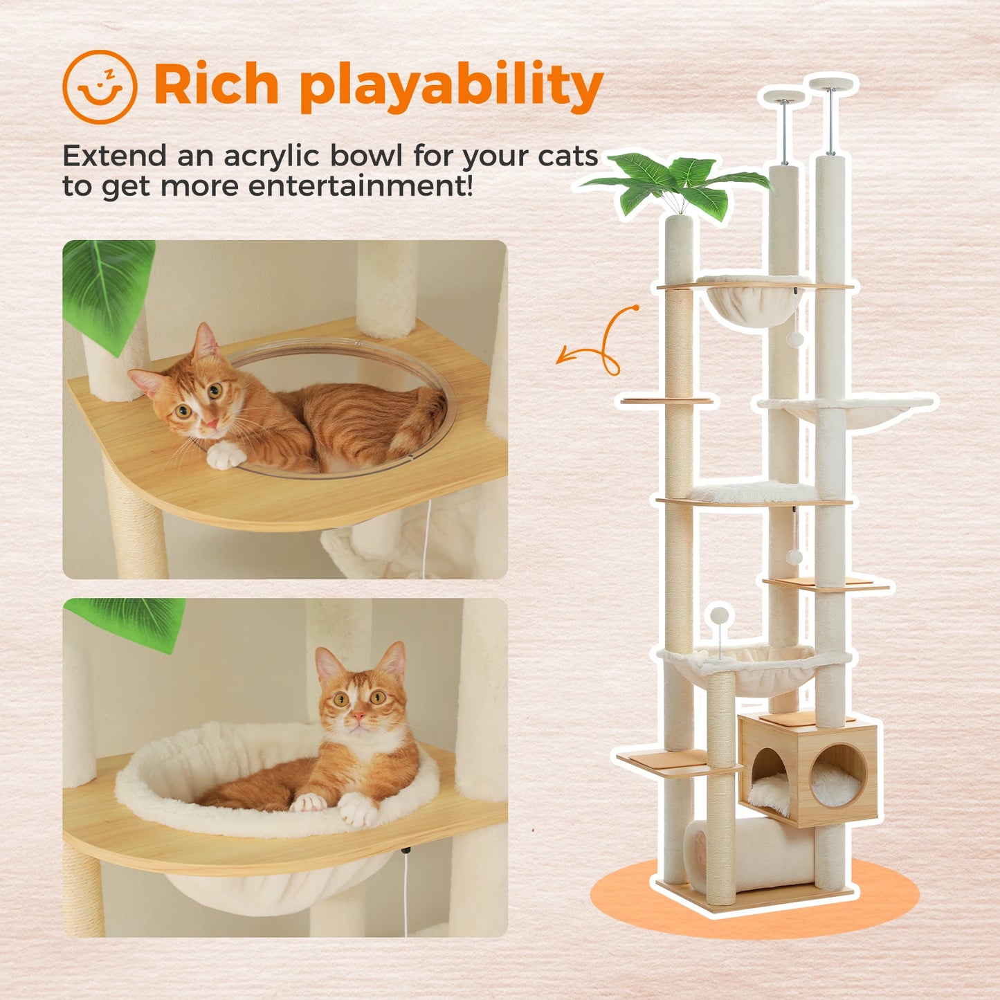 Height-Adjustable Wooden Cat Tree with Hammock & Sisal Posts