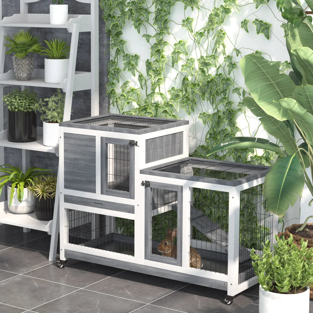 PawHut Wooden Rabbit Hutch: Elevated Indoor Small Animal Habitat with Enclosed Run, Wheels, Ramp, Removable Tray - Ideal for Guinea Pigs, Grey