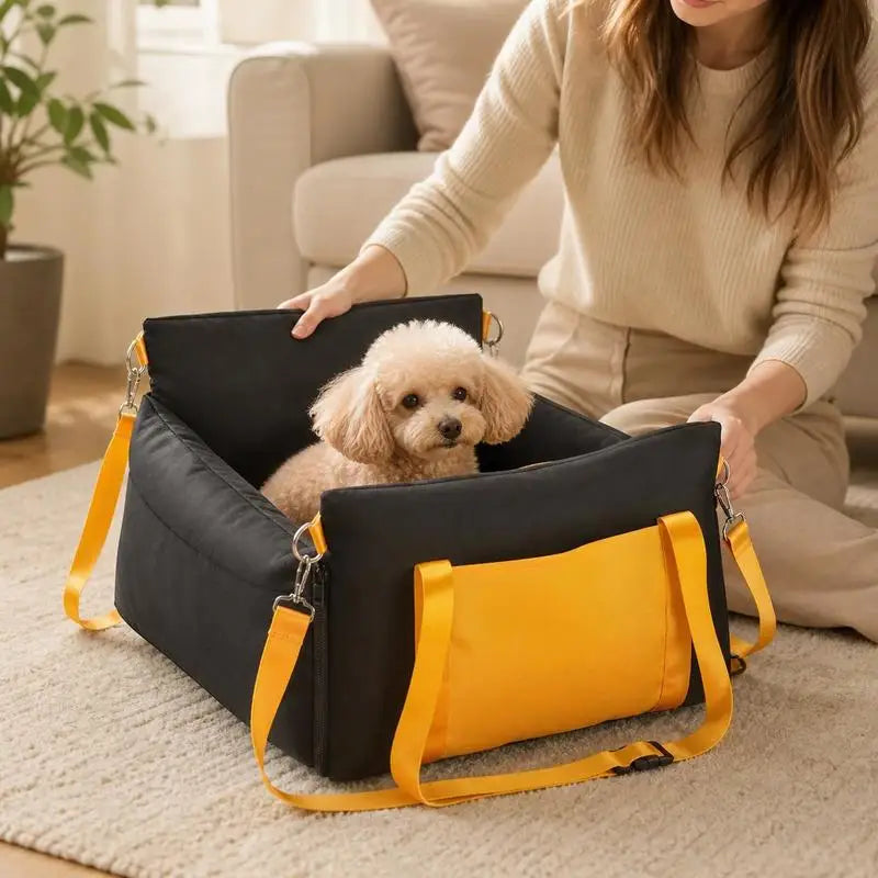 Dog car seat, dog booster seat with side handles and storage bag, attachable safety leash and PP cotton filling, dog car bed for small dogs up to 25 lbs, black