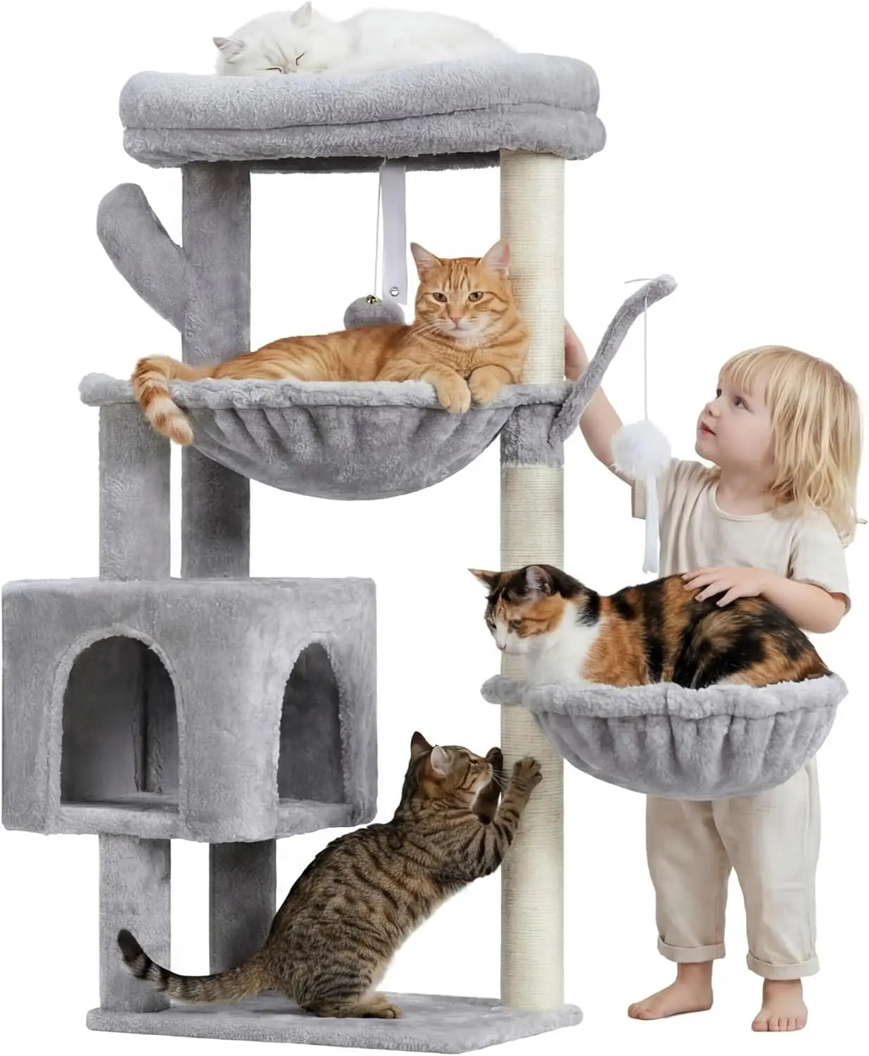39.4" Cat Tree Tower with Scratching Post, Indoor Cat Condo, 2 Baskets & Dangling Toy, Light Gray