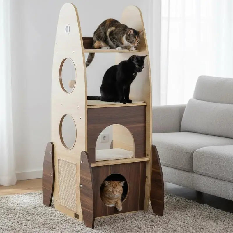 Rocket Cat Tree 47 Inch Large Wooden Cat Tower for Indoor Cats-Natural