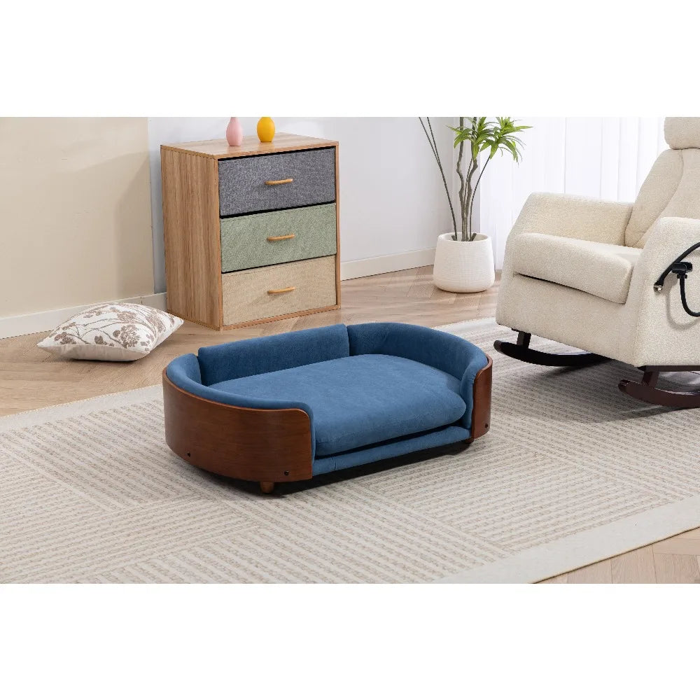 Scandinavian Style Elevated Dog Bed Pet Sofa with Solid Wood Legs, Bent Wood Back and Velvet Cushion, Large Size