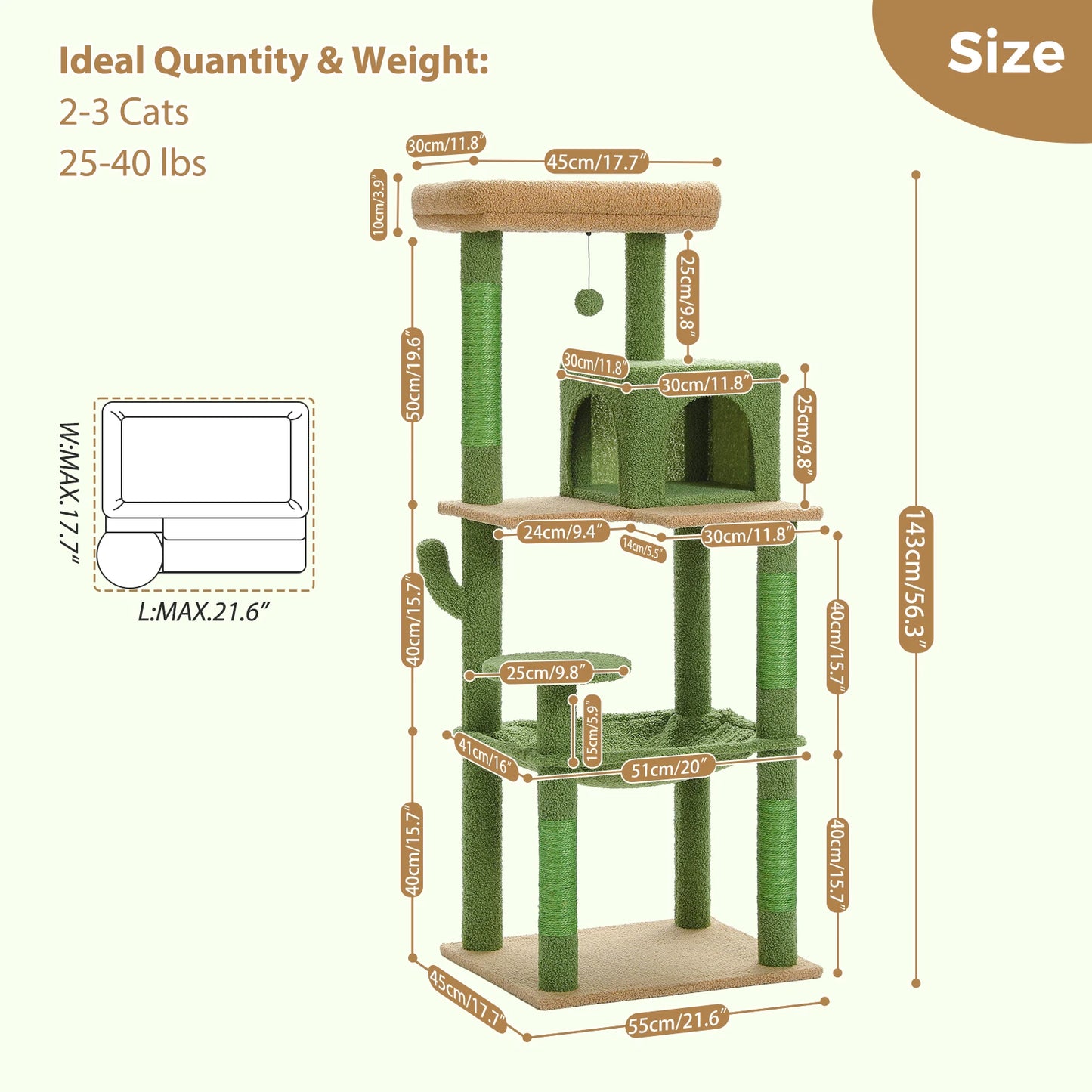 Cactus Cat Tree Tower with Plush Hammock & 2-Door Condo