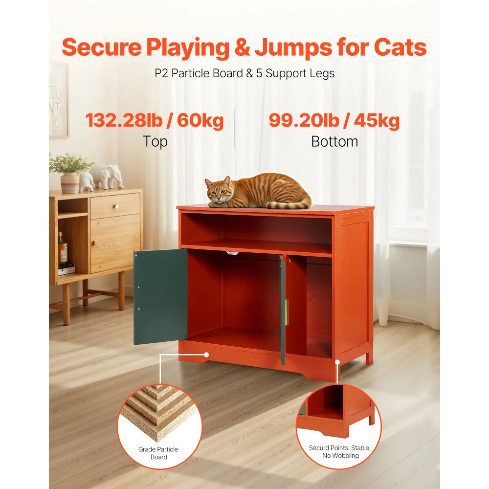 Ye Cat Litter Box Enclosure: 31 in Hidden Cabinet with Shelf & Storage, Modern Indoor Cat Washroom, Wooden Kitty House Furniture End Table, Fits Most Litterboxes, Red & Green