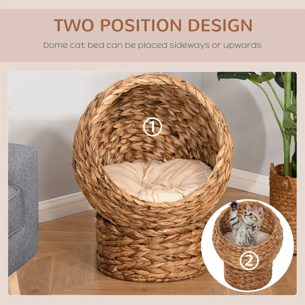 PawHut Handwoven Elevated Cat Bed with Soft Cushion, Egg Chair Shape, Stand, 23.5" H, Brown for Indoor Cats
