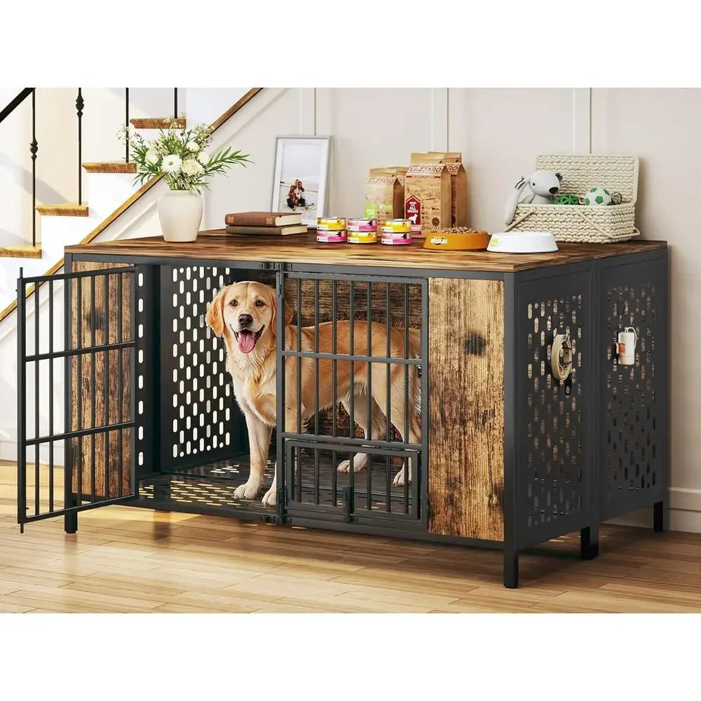 Sturdy Dog Crate for Large Breeds, Rustic Brown, Indoor Use, and Ideal for High Anxiety Dogs