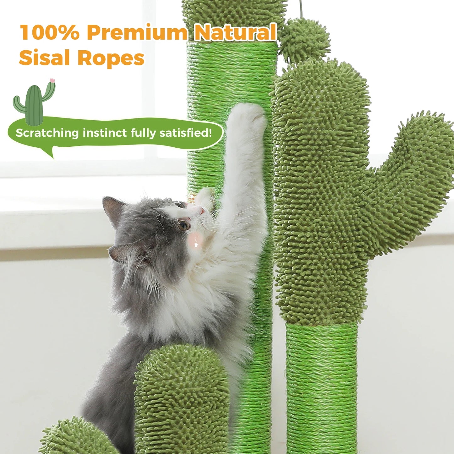 Cactus Cat Scratching Post with 3 Sisal Poles & Dangling Ball
