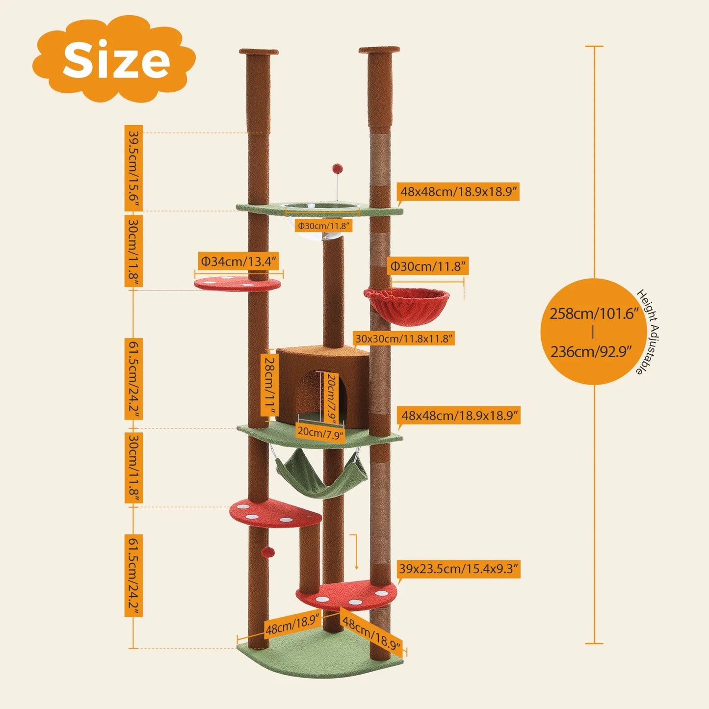 Tall Floor-to-Ceiling Cat Tree with Scratching Posts & Hammock