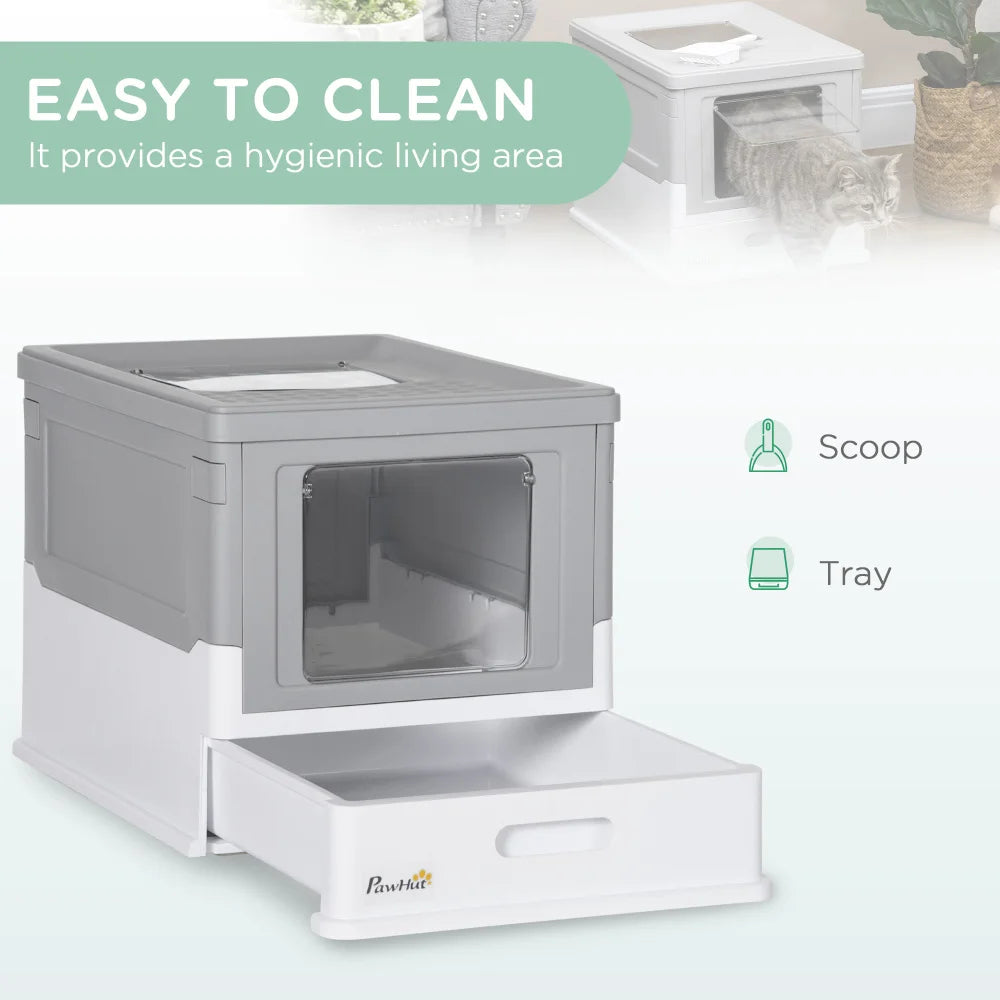 PawHut Fully Enclosed Cat Litter Box with Scoop, Hooded House with Drawer Tray, Foldable Smell - Proof Potty, Front Entry & Top Exit, Portable Large - Space Pet Toilet, Gray