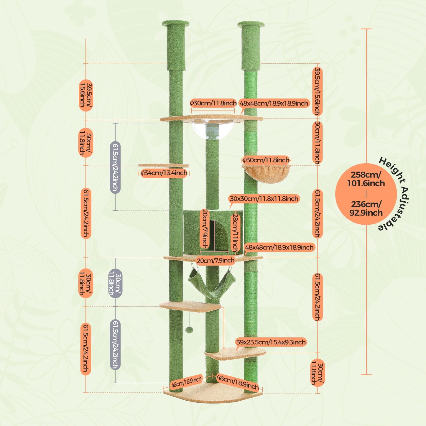 Tall Floor-to-Ceiling Cat Tree with Scratching Posts & Hammock