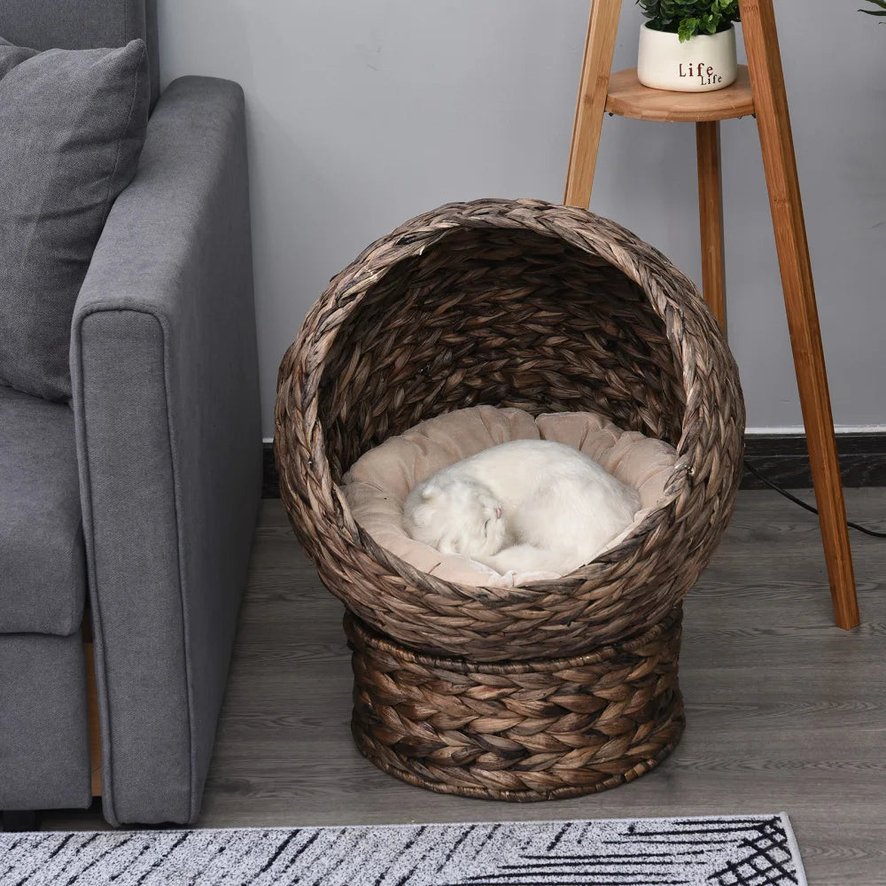 PawHut Handwoven Elevated Cat Bed with Soft Cushion, Egg Chair Shape, Stand, 23.5" H, Grey for Indoor Cats