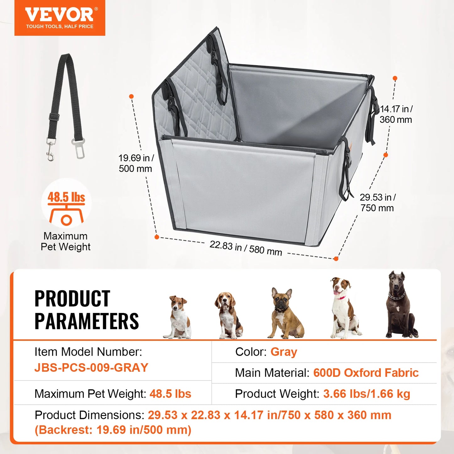 Waterproof Dog Car Booster Seat with Safety Leash