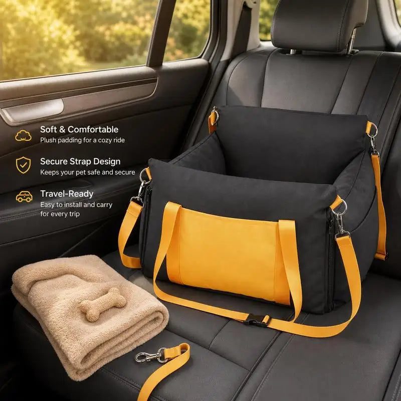 Dog car seat, dog booster seat with side handles and storage bag, attachable safety leash and PP cotton filling, dog car bed for small dogs up to 25 lbs, black