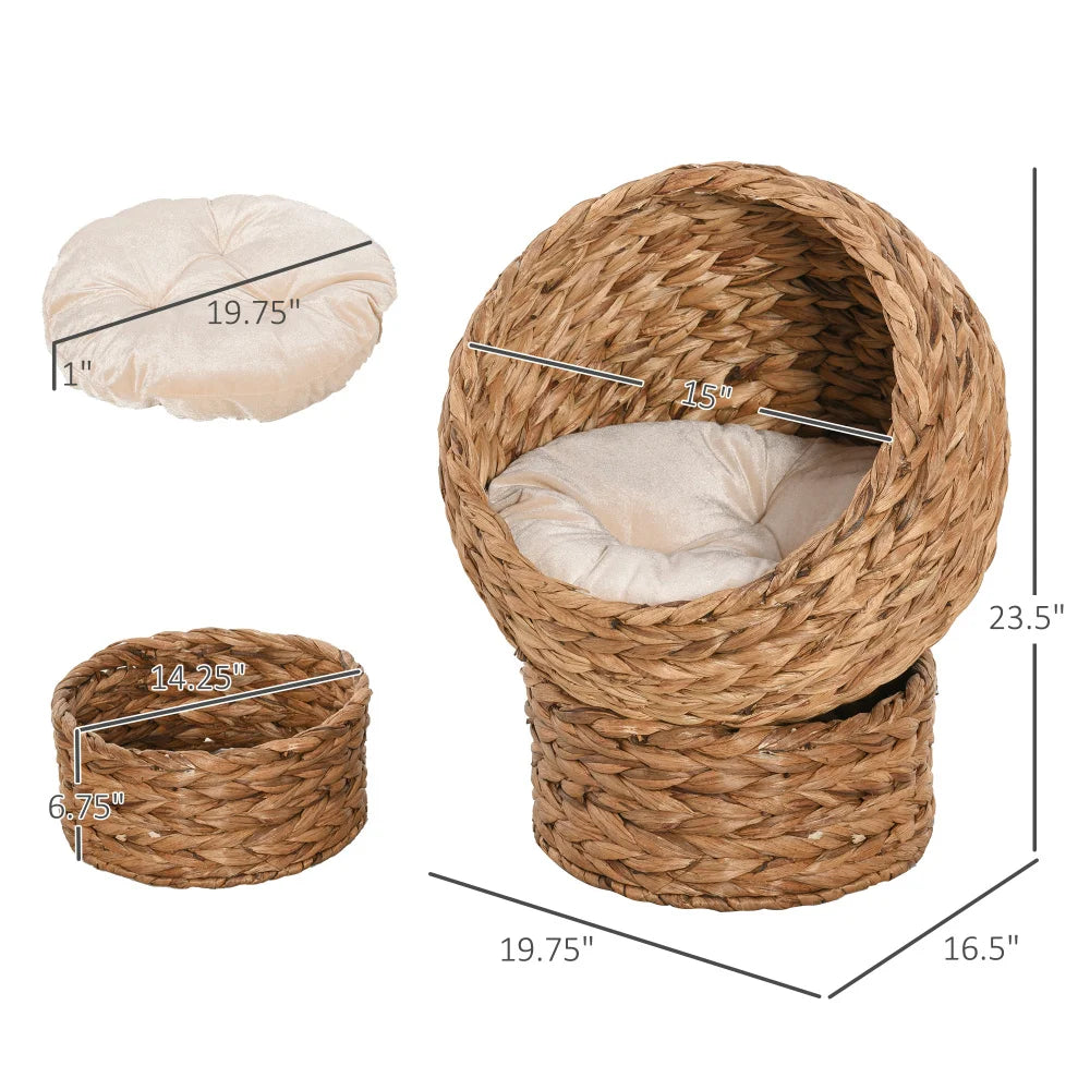 PawHut Handwoven Elevated Cat Bed with Soft Cushion, Egg Chair Shape, Basket Bed with Stand, 23.5" H, Brown for Indoor Cats