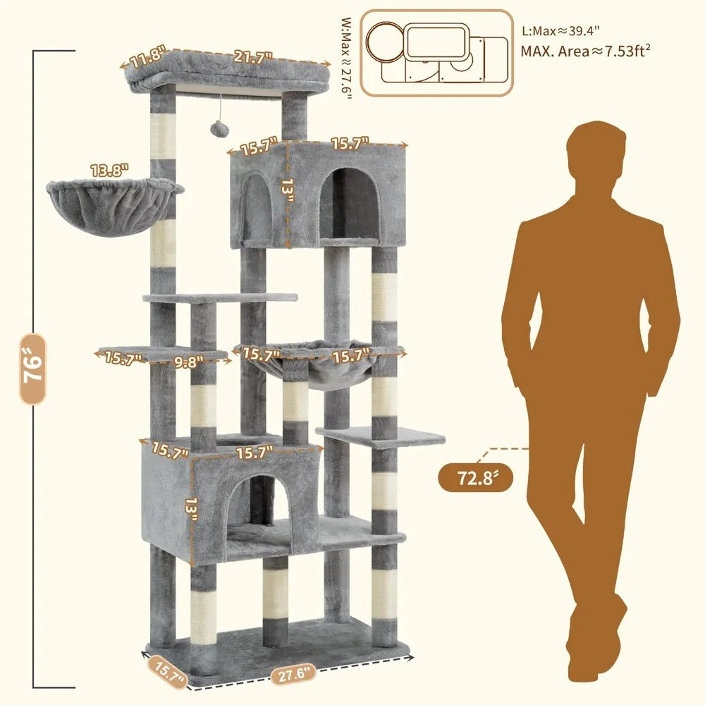 76" Cat Tree for Large Cats, Heavy Duty with Extra Wide Base, Multi-Level with 2 Condos & Hammocks, 10 Scratching Posts, Light Gray