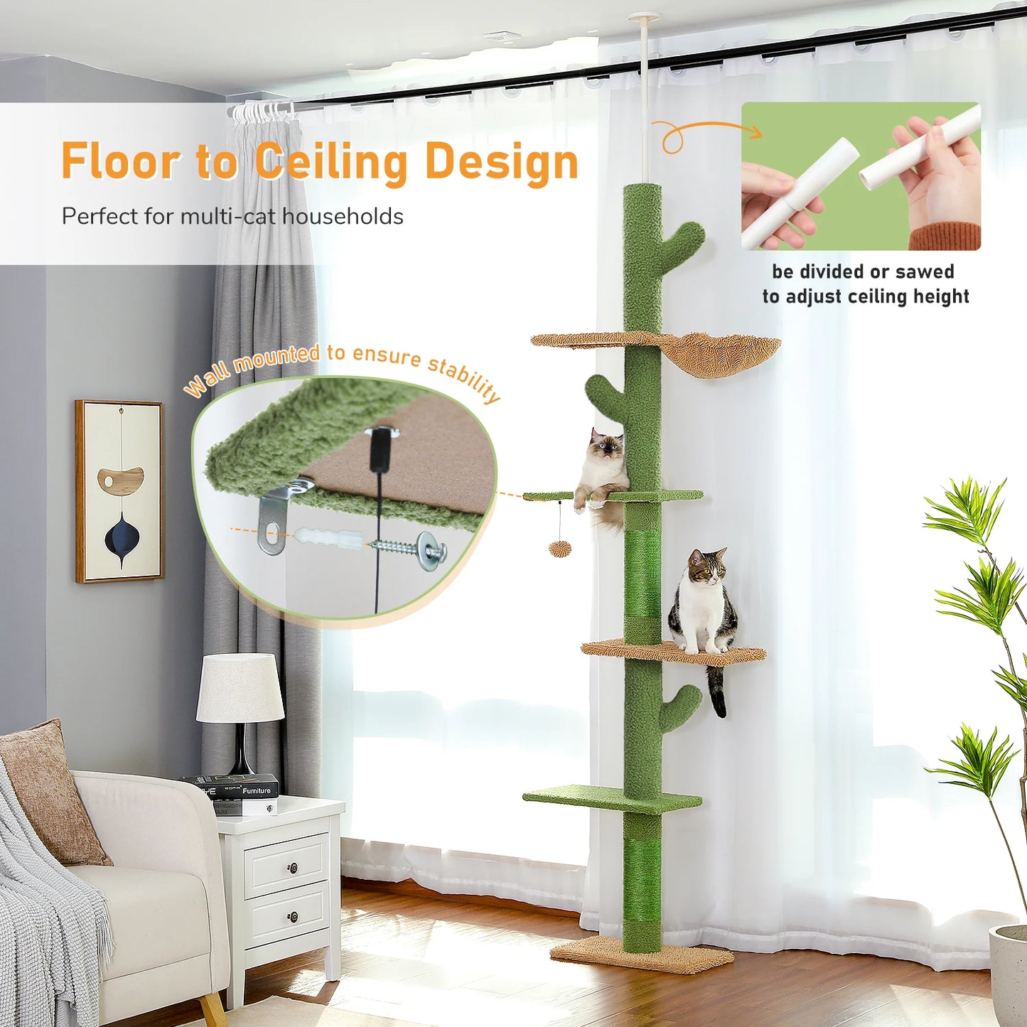 Adjustable Floor-to-Ceiling Cat Tree Tower with Condo & Hammock