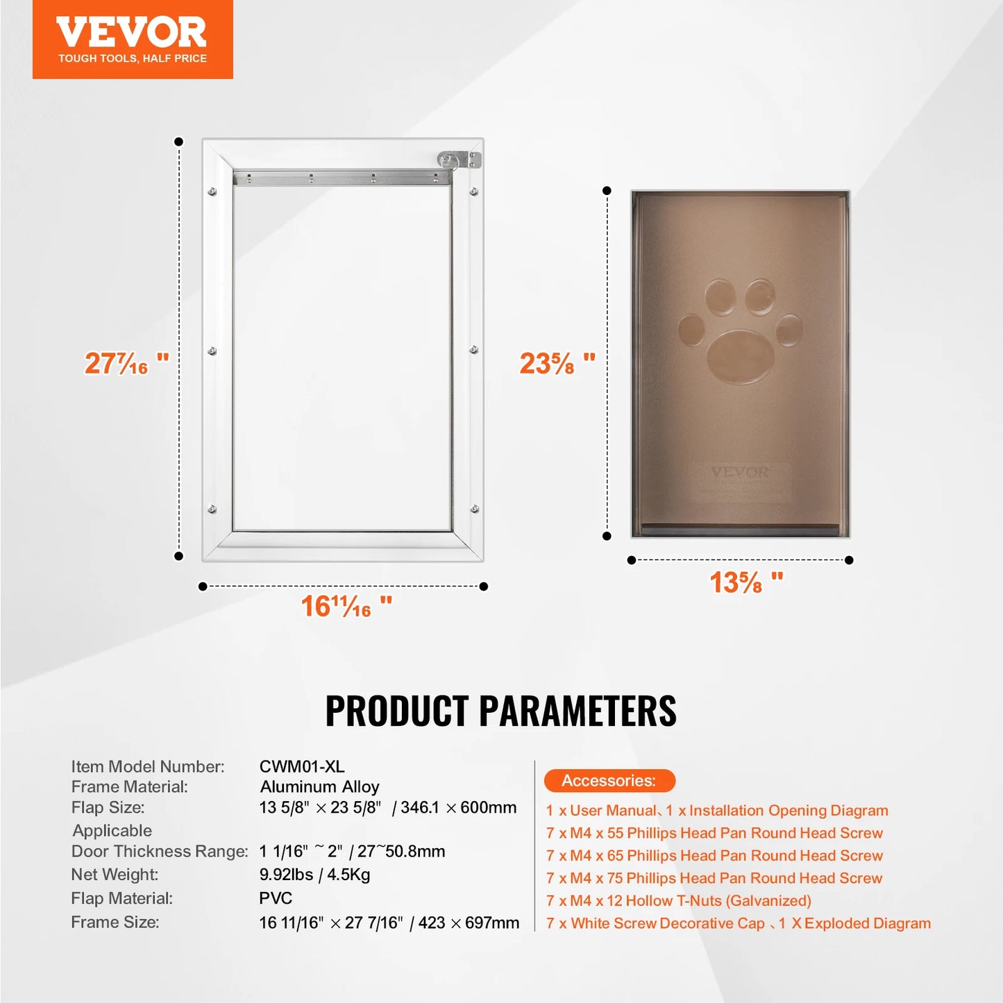 Aluminum Frame Weatherproof Dog Door with Lock & Flap System
