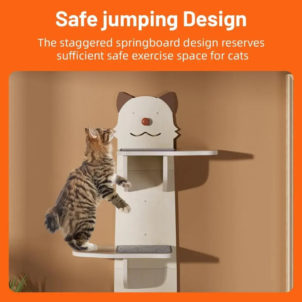 Wall-Mounted Cat Shelves Set - 4 Steps, Solid Wood, Hammock & Perch