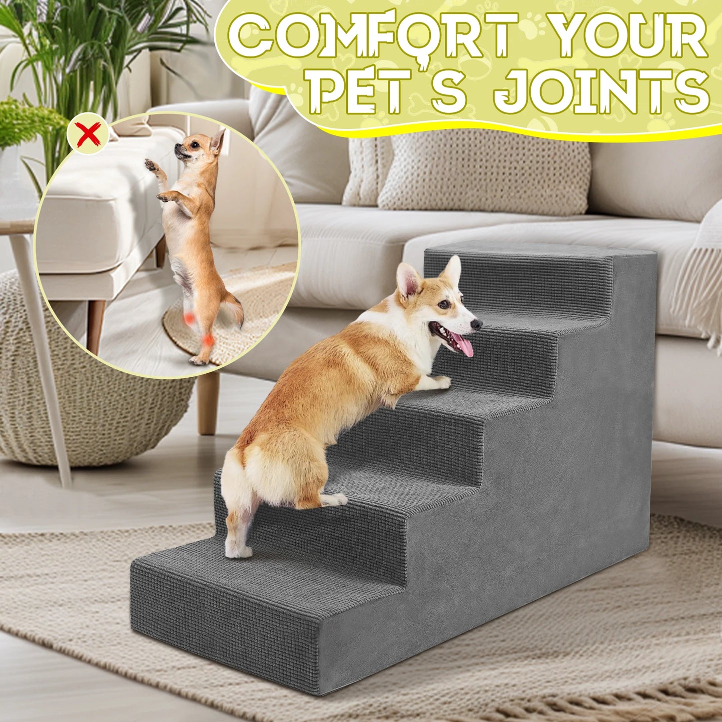 4-Tier/5-Tier Pet Stairs For Small Dogs & Cats, Non-Slip Bottom Design For High Beds & Couches, High-Density Foam Steps