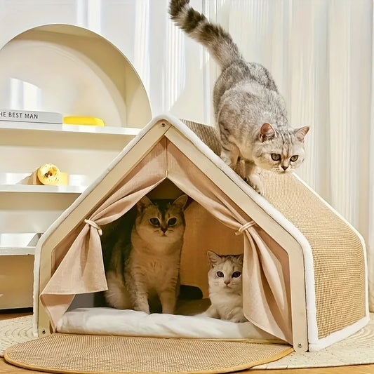 Cat House - Semi-Enclosed Shell Design With Scratching Pad, Sisal Tent For Small To Medium Cats, Perfect For Living Room, Bedroom, Or Study