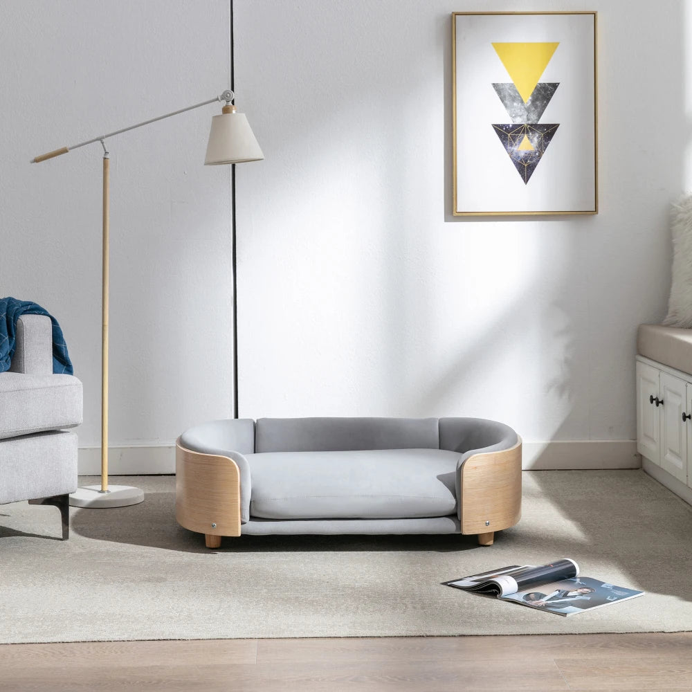 Scandinavian Style Elevated Dog Bed Pet Sofa with Solid Wood Legs, Bent Wood Back and Velvet Cushion, Large Size