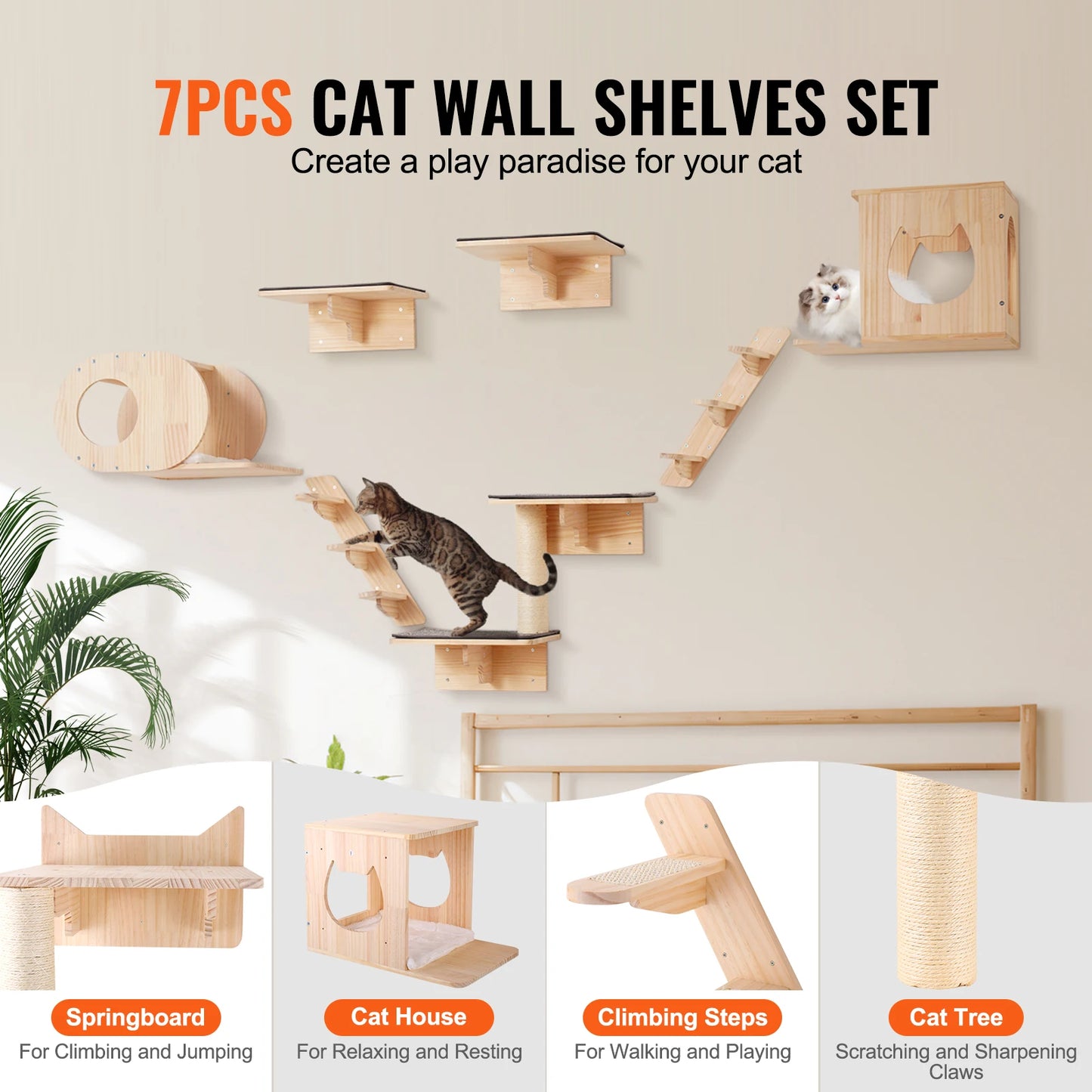 Wall-Mounted Cat Shelves with Perches, Jumping Boards & Hammock